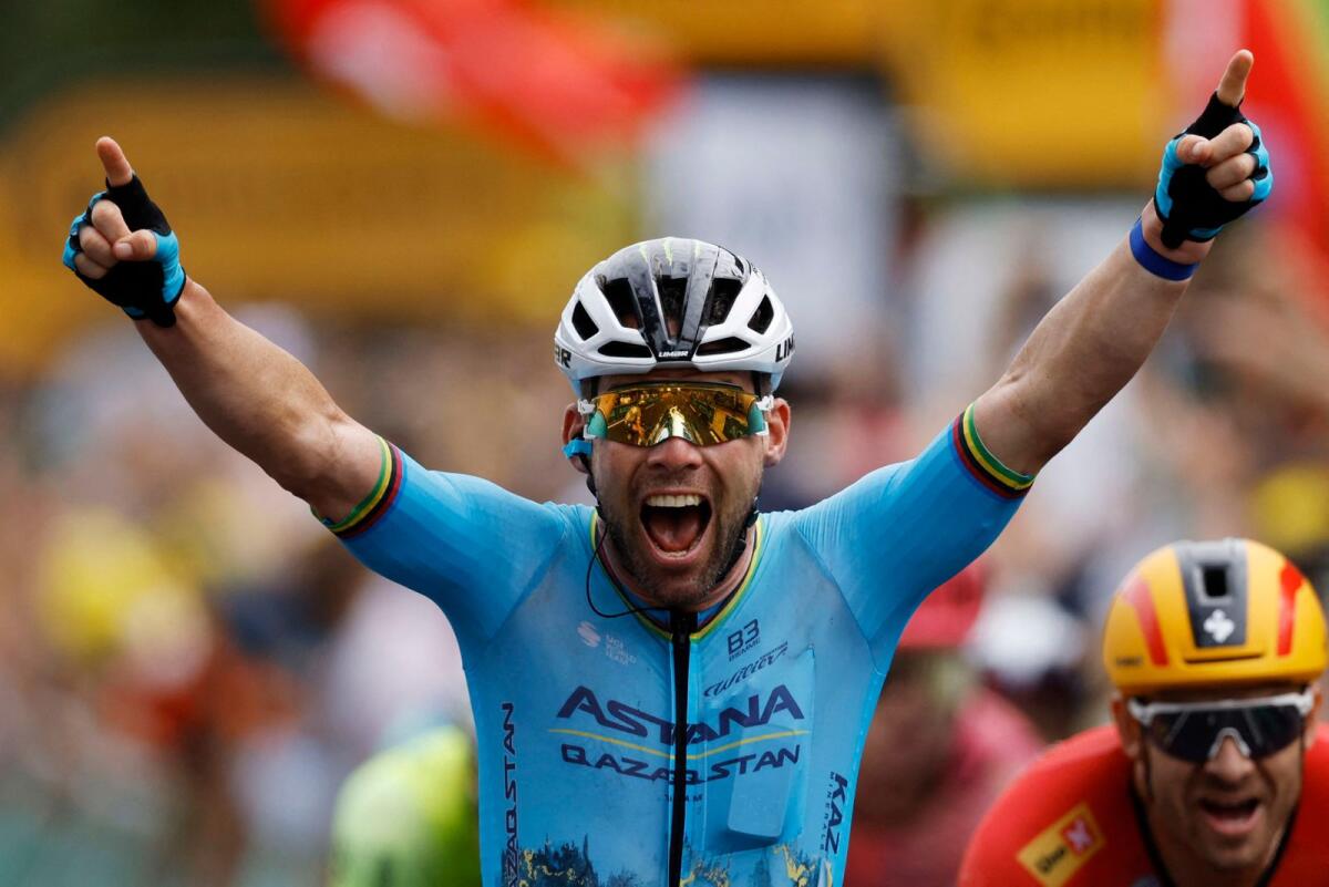 Astana Qazaqstan Team's Mark Cavendish celebrates winning stage 5. — Reuters