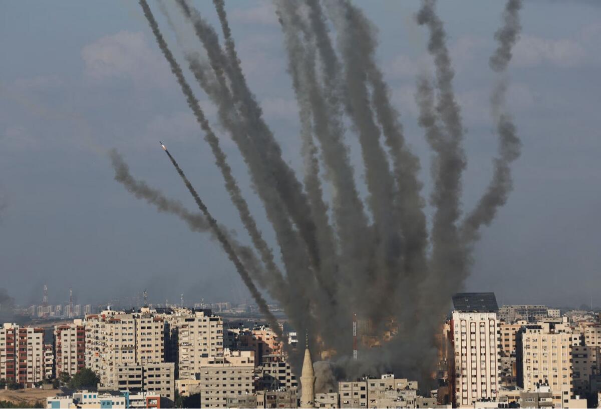 Rockets are fired from Gaza towards Israel, in Gaza, October 10, 2023.