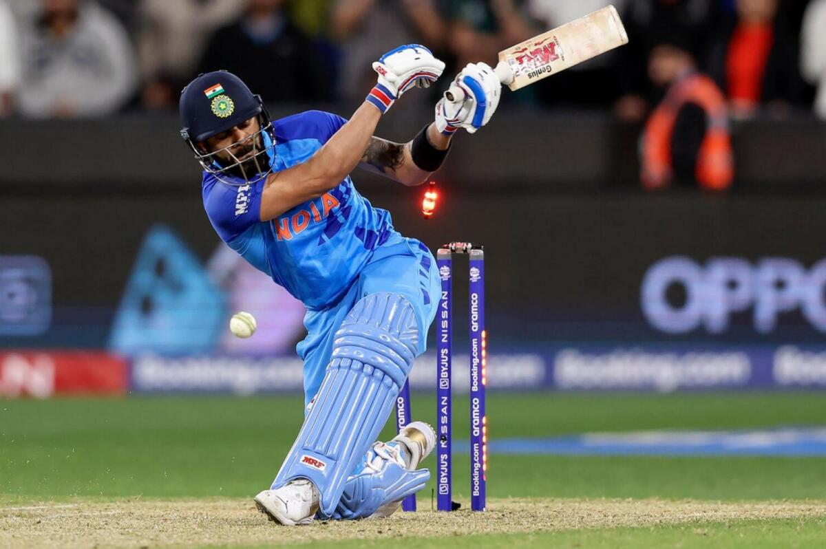 India's Virat Kohli is bowled off a free-hit ball during the ICC T20 World Cup match against Pakistan. (AFP)