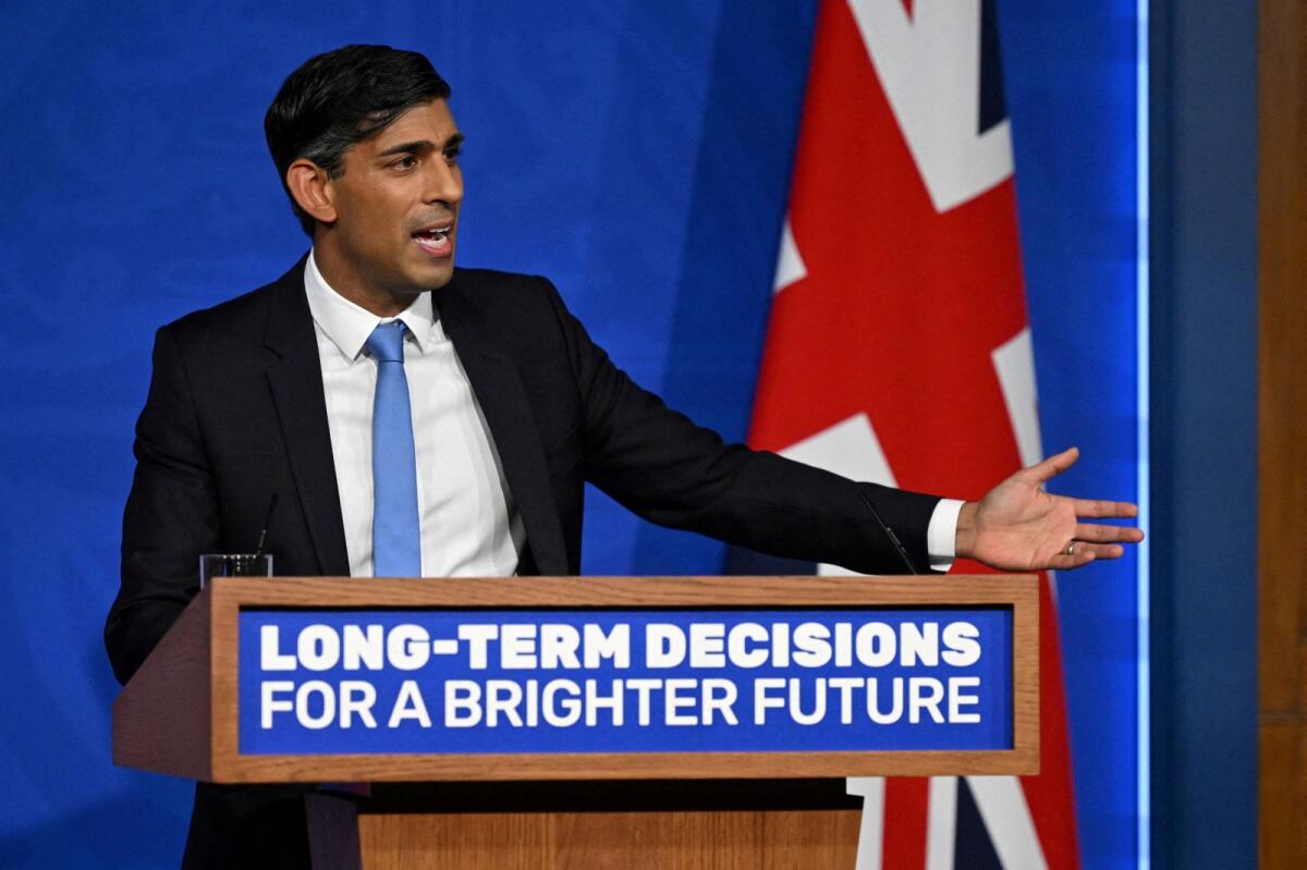 Britain's Prime Minister Rishi Sunak delivers a speech during a press conference on the net zero target in London on September 20, 2023.  – Reuters