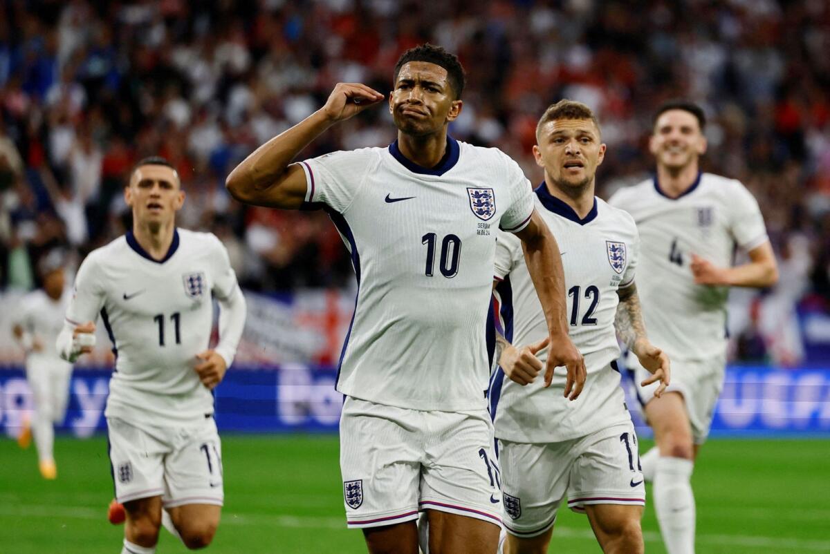 England's Jude Bellingham (10) celebrates his goal against Serbia. — Reuters