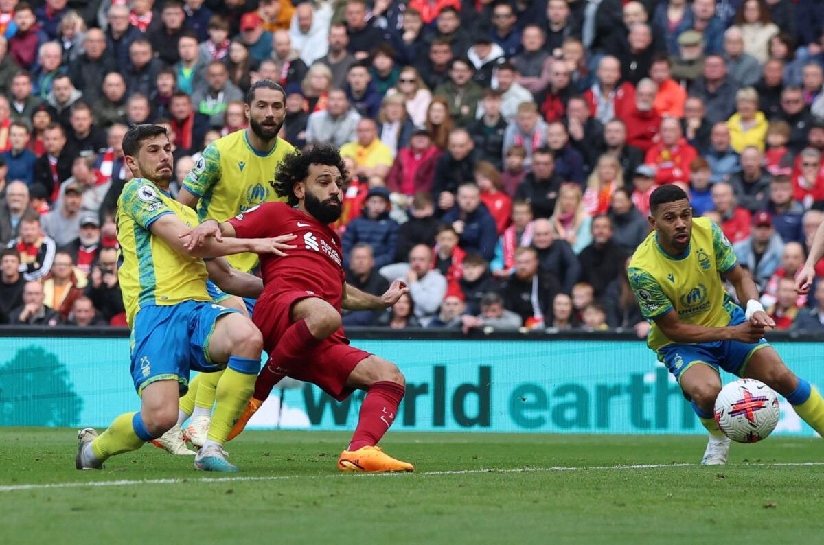 Liverpool's Mohamed Salah scores the team's third goal against Nottingham Forest. — Reuters