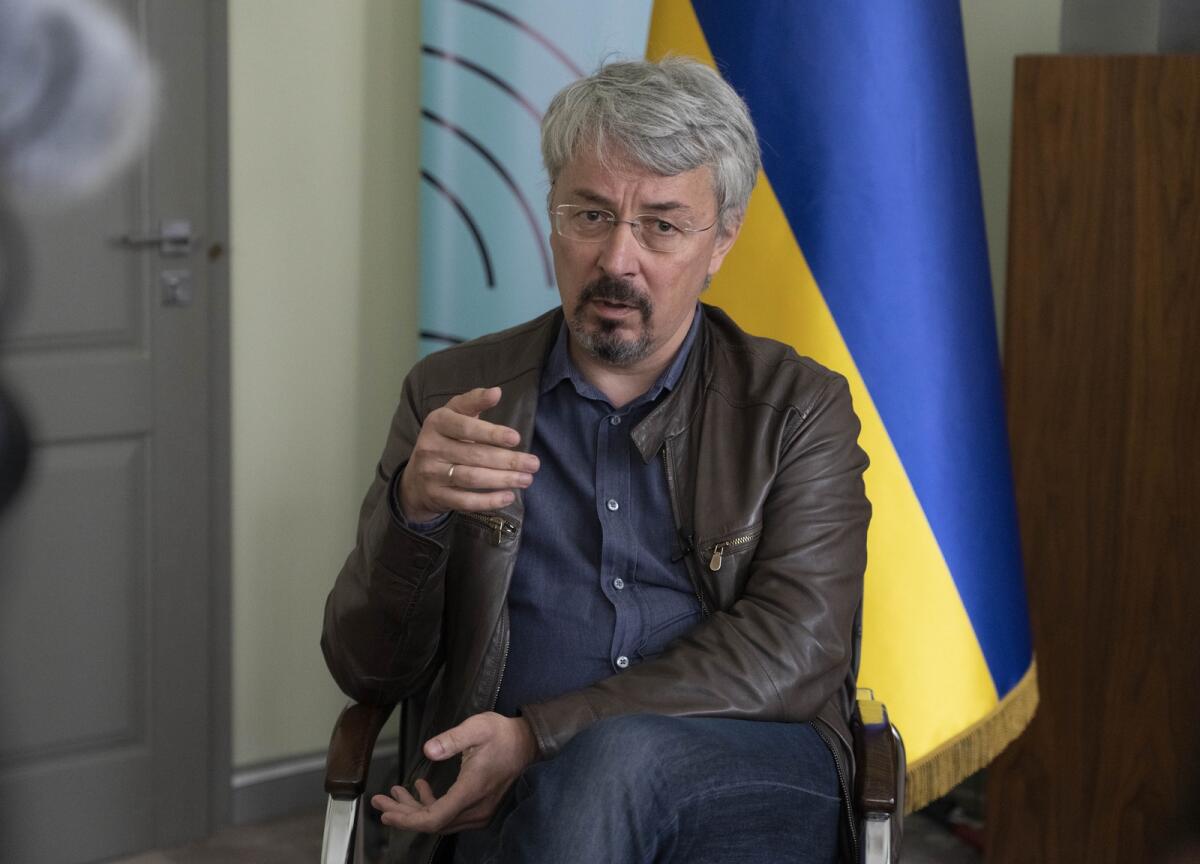 Oleksandr Tkachenko, Ukraine's culture minister talks to The Associated Press in Kyiv, Ukraine. He said that looting and destruction of cultural sites by the Russian troops has caused losses estimated in the hundreds of millions of euros.