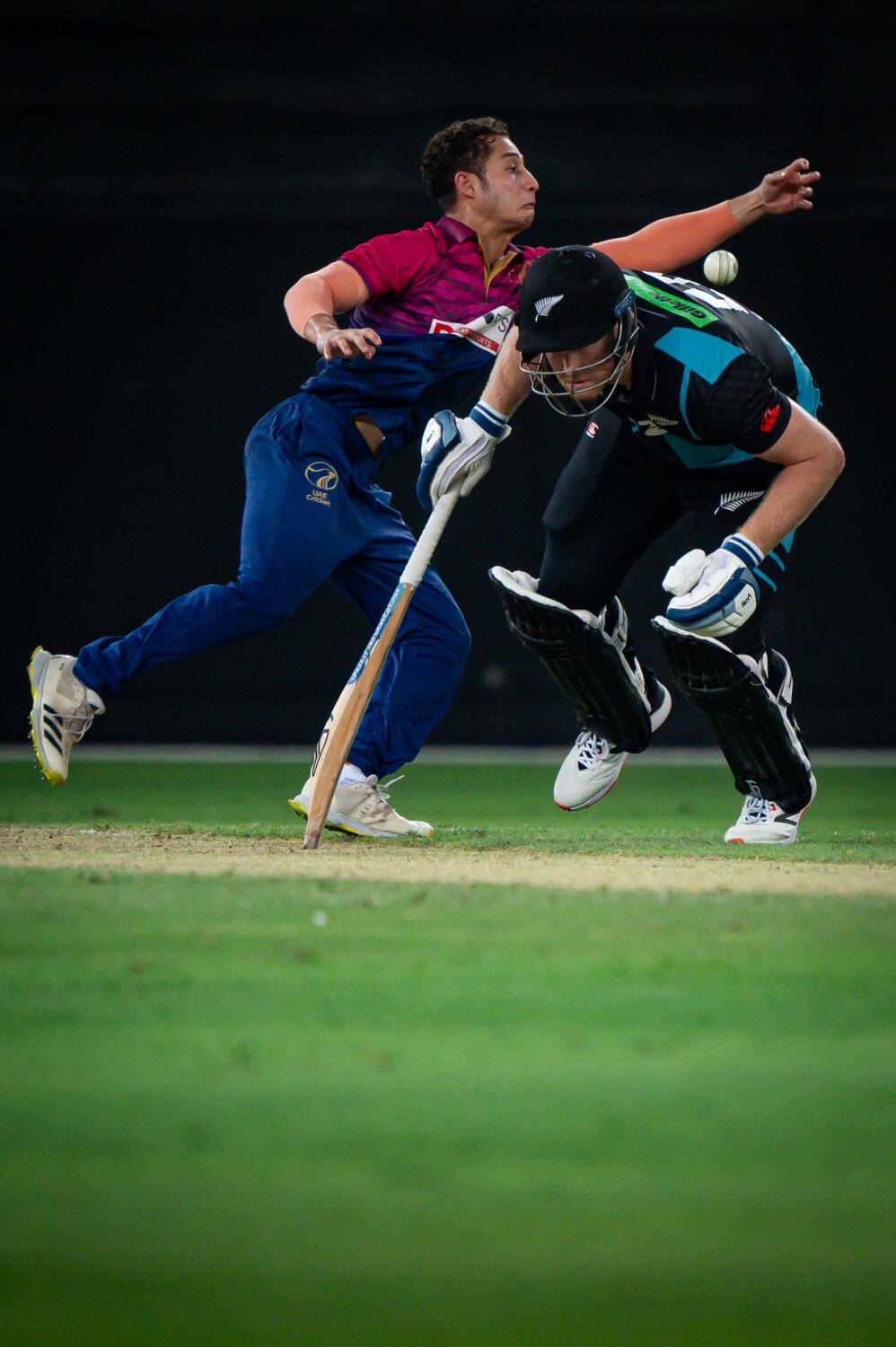 UAE's Mohammed Faraazuddin leaps to stop a ball while playing against New Zealand during the secon T20I match at Dubai International Stadium on Saturday.