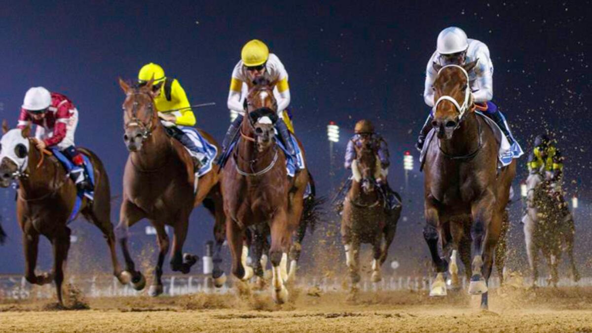 Colour Up (R) win the Al Garhoud Sprint from Leading Spirit (2nd R) and  Saleymm (2nd from L) at Meydan on Friday, Dec 8. - Photo by Dubai Racing Club