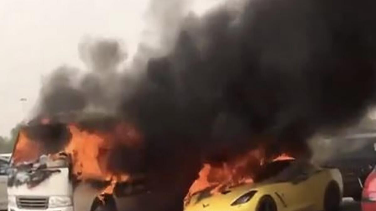 Video: 11 cars destroyed in fire outside mall in Dubai