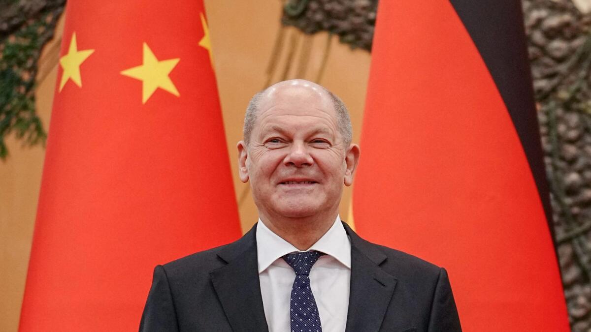 German Chancelor Olaf Scholz stands at the Great Hall of the People in Beijing during his last visit in November 2022. — AFP file