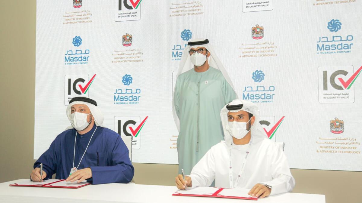 Left to Right: Mohamed Jameel Al Ramahi, CEO of Masdar; Dr. Sultan bin Ahmed Al Jaber, Minister of Industry and Advanced Technology; and Abdullah Al Shamsi, Assistant undersecretary for the Industrial Development Sector