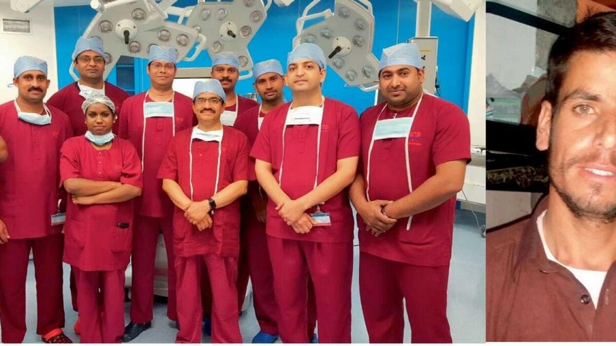 The cardiac surgery team in Ahalia hospital, which conducted the open heart surgery to remove the abnormal membrane of Zahid Ul Haq (left), Zahid Ul Haq Amin was taken to the hospital after heart failure and shortness of breath (right)