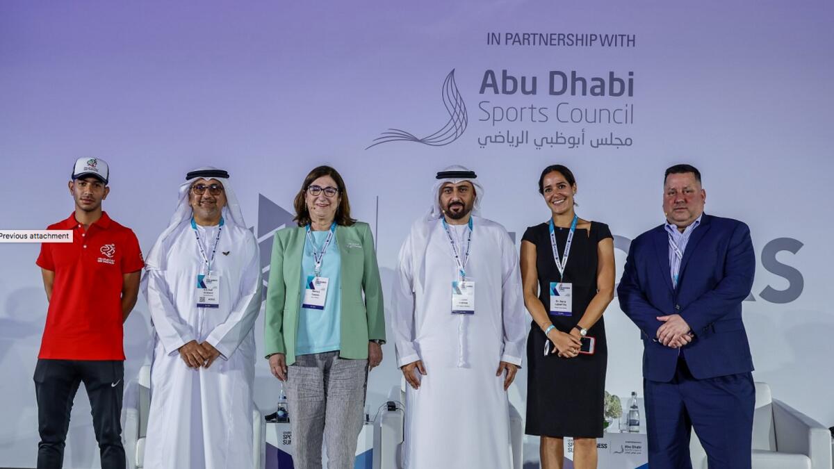 Marisol Casado, President, World Triathlon and IOC Board Member (third from left) and Khaled Al Fahim, President of the UAE Triathlon Federation (third from right). — Supplied photo
