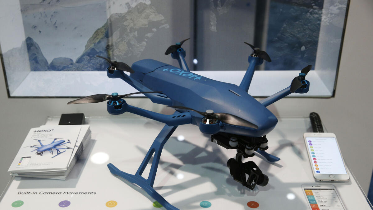 The Hexo+ Your Self-Flying Camera drone is on display at the Hexo+ booth during CES International, Thursday, Jan. 7, 2016, in Las Vegas. (AP Photo)