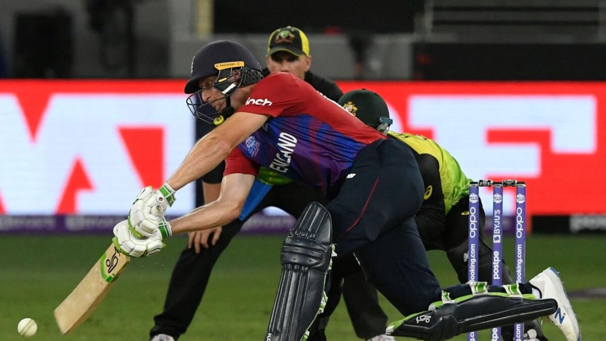 England's Jos Buttler hit a 32-ball 71 against Australia at the Dubai International Cricket Stadium on Saturday. (AFP)
