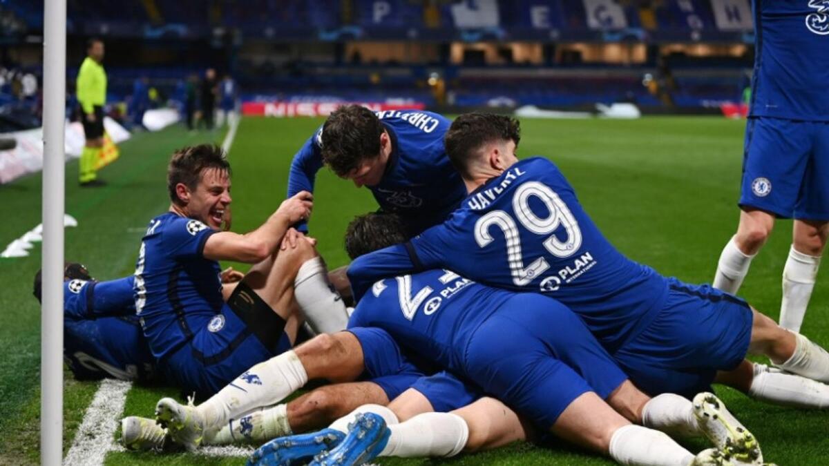 Chelsea players celebrate a goal during the Champions League semifinal second leg against Real Madrid. (Chelsea Twitter)