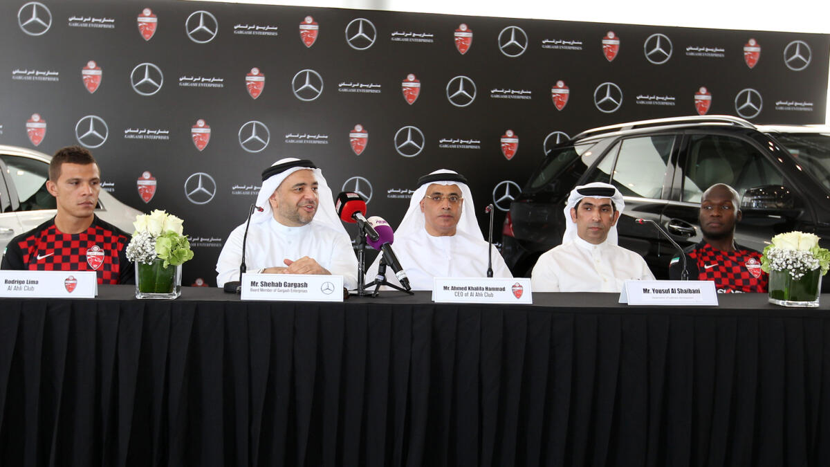 Rodrigo Lima, Shehab Gargash, Ahmed Khalifa Hammad, Mohammed bin Faraj, and Moussa Sowat at the Press conference.  