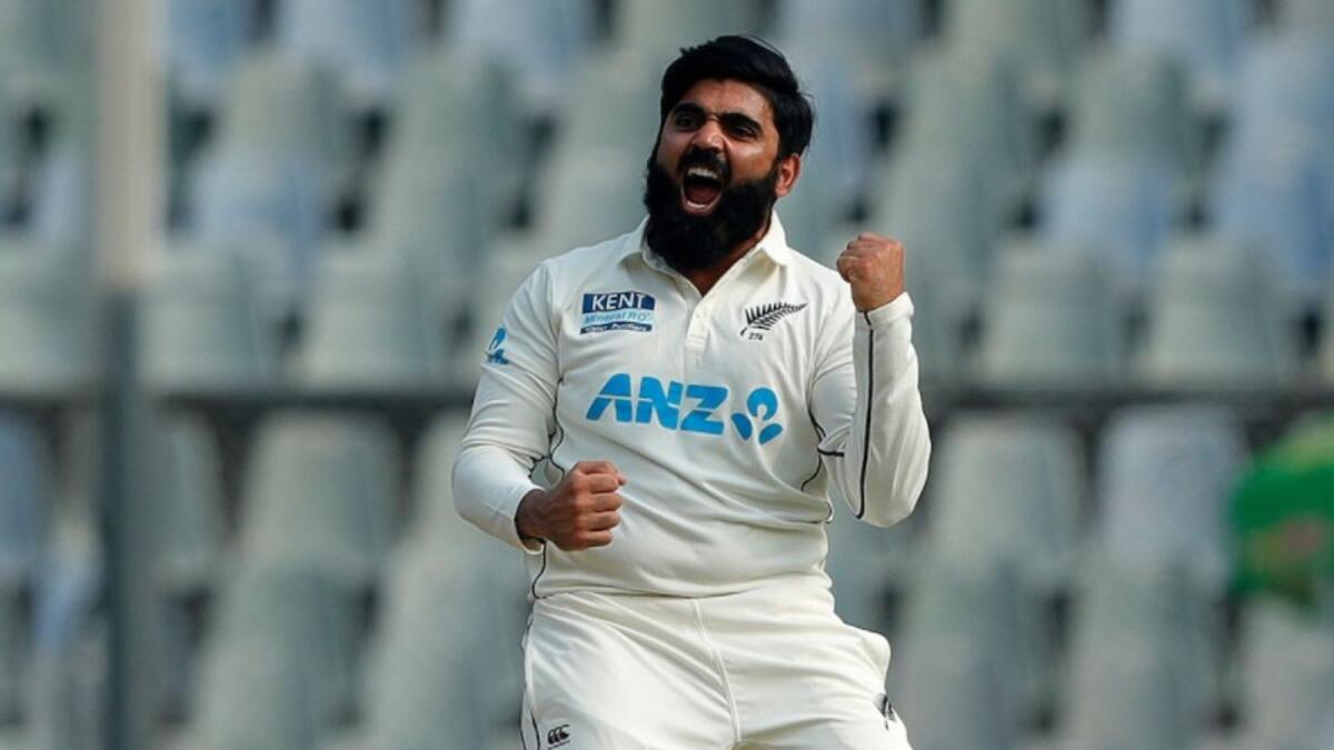 Ajaz Patel celebrates a wicket against India in the second Test. (Blackcaps Twitter)