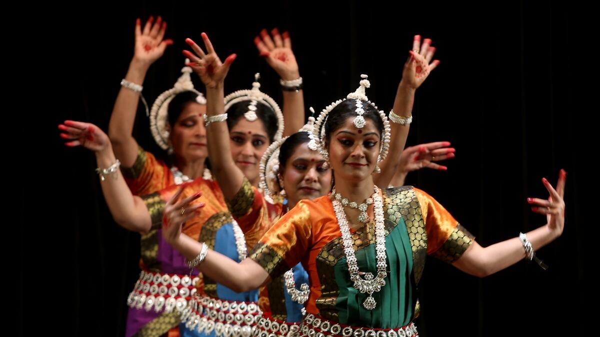 Women perform traditional dance during 71st Indian Republic Day celebrations held at the Embassy in Abu Dhabi.