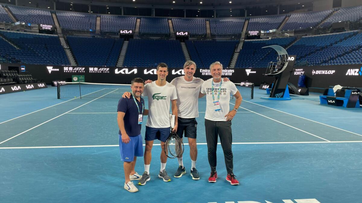 Novak Djokovic with his team at the Rod Laver Arena. (Novak Djokovic Twitter)
