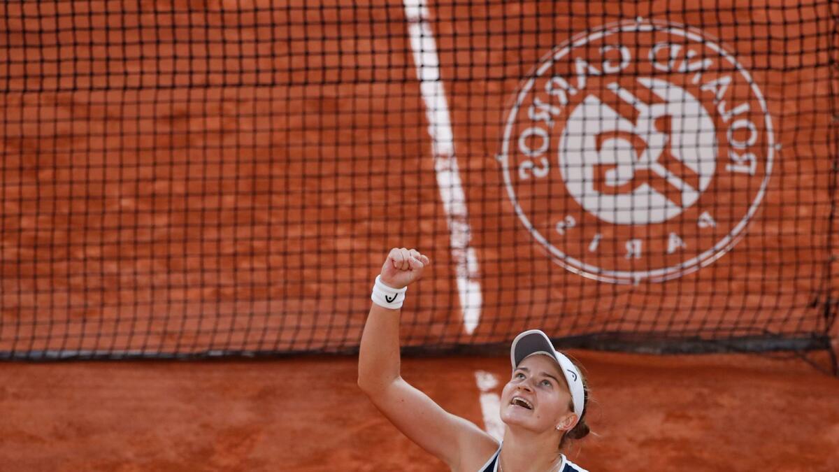 Czech Republic's Barbora Krejcikova celebrates after winning her semifinal. (Reuters)