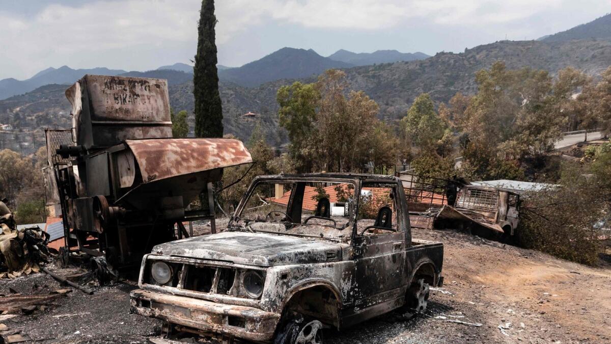 Destroyed vehicles at Ora village on the southern slopes of the Troodos mountains close to Agioi Vavatsinias village.