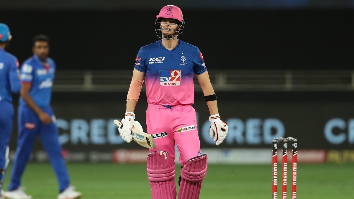 Steve Smith of Rajasthan Royals reacts after losing his wicket during the match against Delhi Capitals. (IPL)