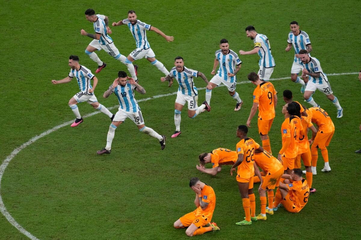 Few Argentina players mock the Netherlands players after winning the penalty shootout in the Qatar World Cup quarterfinal. — AP