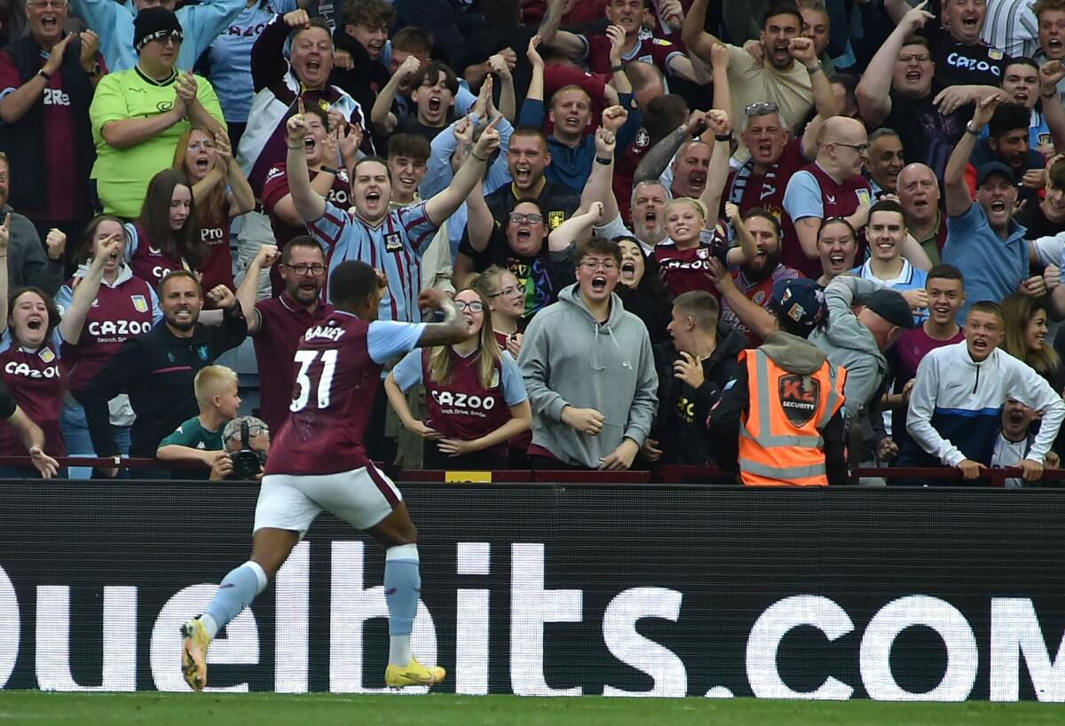 Aston Villa's Leon Bailey celebrates after scoring his side's goal. (AP)