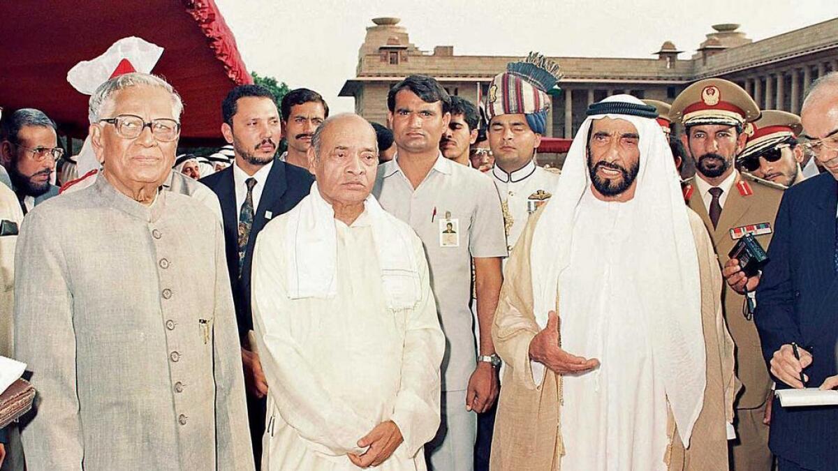1992-Shaikh Zayed with Indian President R Venkataraman (left) and Prime Minister PV Narasimha Rao (centre) in New Delhi during his three-day state visit to India.