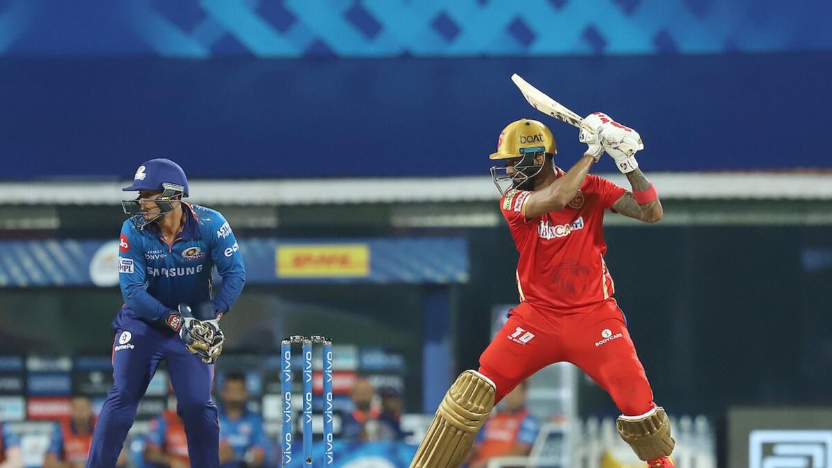 Punjab Kings captain KL Rahul plays a shot against the Mumbai Indians in Chennai on Friday night. — BCCI/IPL