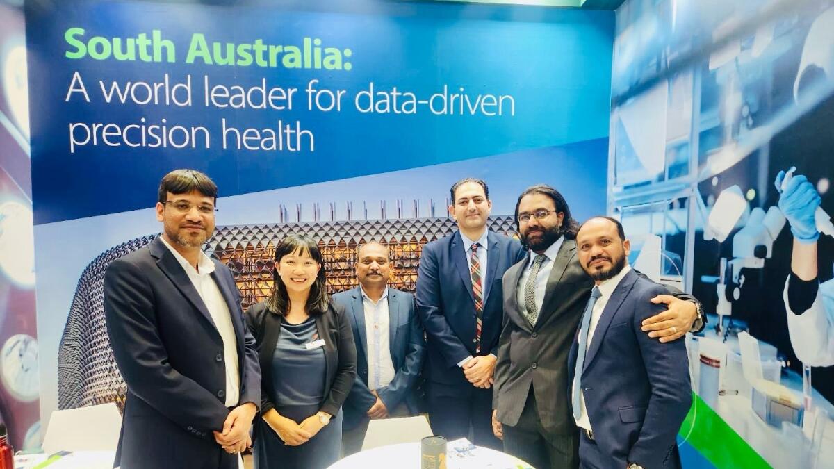 Robyn Lee (second from left) and Lilesh Mokashi (third from left) with the ATC Kuwait team at the South Australian meeting lounge at Arab Health 2024