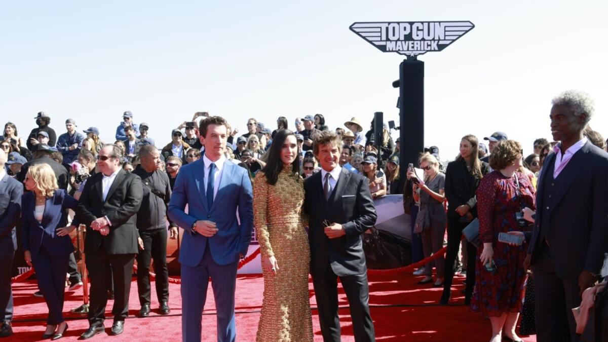 (L-R) Miles Teller, Jennifer Connelly and Tom Cruise attend the 'Top Gun: Maverick' world premiere. Photo: AFP