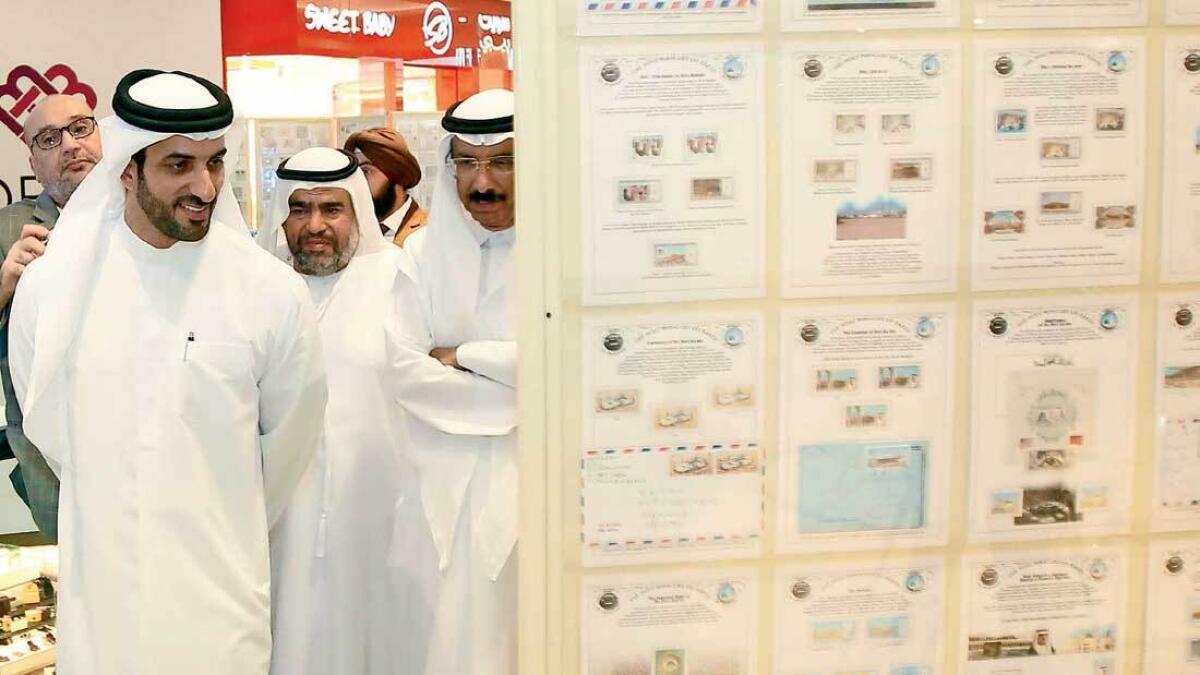 Sheikh Sultan bin Ahmed Al Qasimi after the inauguration of the 9th edition of the Sharjah Stamp Exhibition at Mega Mall in Sharjah on Tuesday. — Photos by M. Sajjad