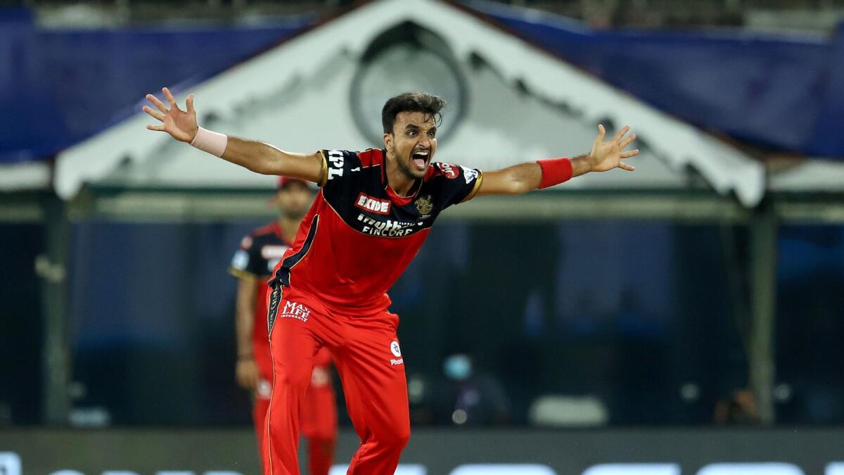 Harshal Patel of Royal Challengers Bangalore appeals for the wicket of Hardik Pandya of Mumbai Indians during Vivo Indian Premier League 2021 match. — PTI
