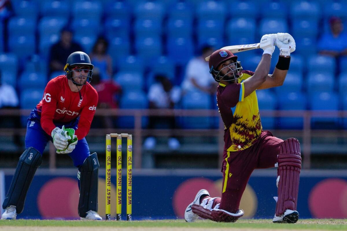 West Indies' Brandon King hits a six during the second T20 at National Cricket Stadium in Saint George's, Grenada, Thursday, Dec. 14, 2023. - AP