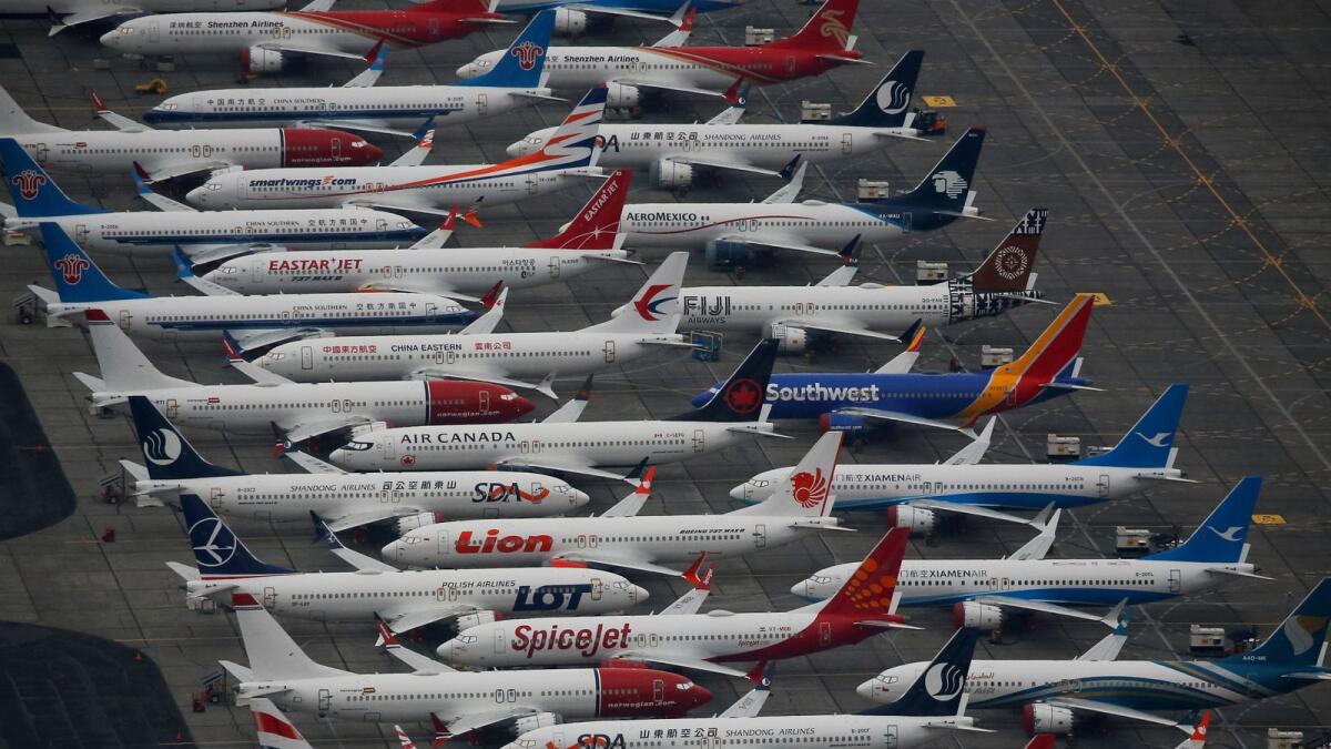 Dozens of grounded Boeing 737 Max aircraft are seen parked at Grant County International Airport in Moses Lake, Washington.