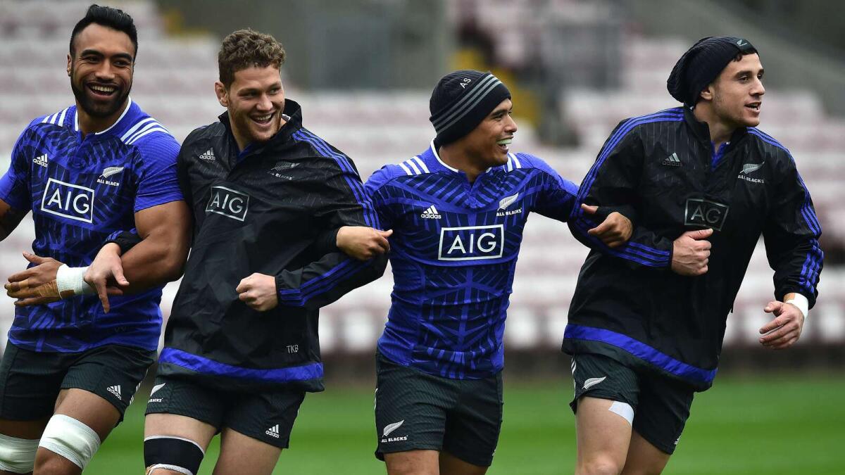 All Blacks’ Victor Vito, Tawera Kerr-Barlow and Aaron Smith attend a training session in Darlington. 
