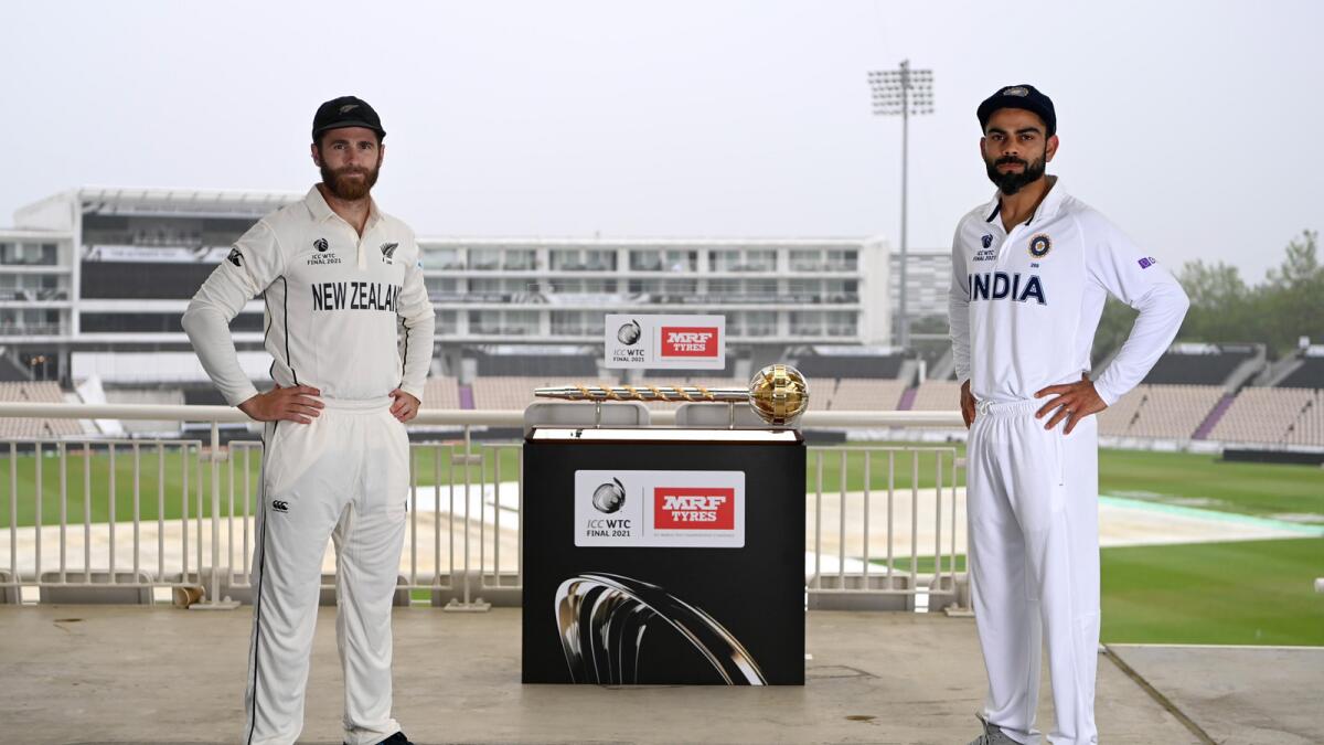 Virat Kohli and Kane Williamson pose with the ICC Mace ahead of the World Test Championship final. (ICC Twitter)