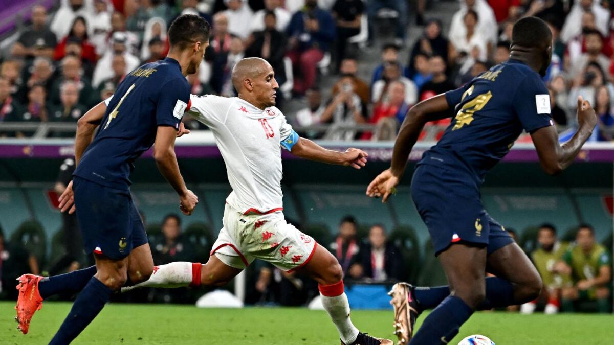 Tunisia's Wahbi Khazri scores his team's first goal during the Qatar 2022 World Cup Group D football match with France. –AFP