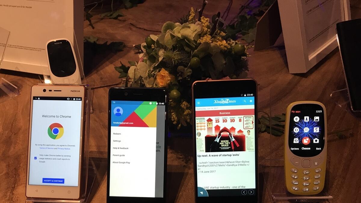 From left to right: the HMD Global-made, Android-powered Nokia 3, 5 and 6, plus the throwback 3310, during their launch in Dubai late on Wednesday.