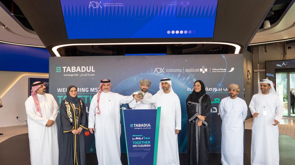 Saeed Hamad Al Dhaheri, managing director and CEO of ADX; Shaikh Khalifa bin Ebrahim Al Khalifa, CEO of Bahrain Bourse; Haitham Salim Al Salmi, CEO of Muscat Stock Exchange; and Dr Maryam Buti Al Suwaidi, CEO of the UAE Securities and Commodities Authority (SCA) at the event. — Supplied photo 