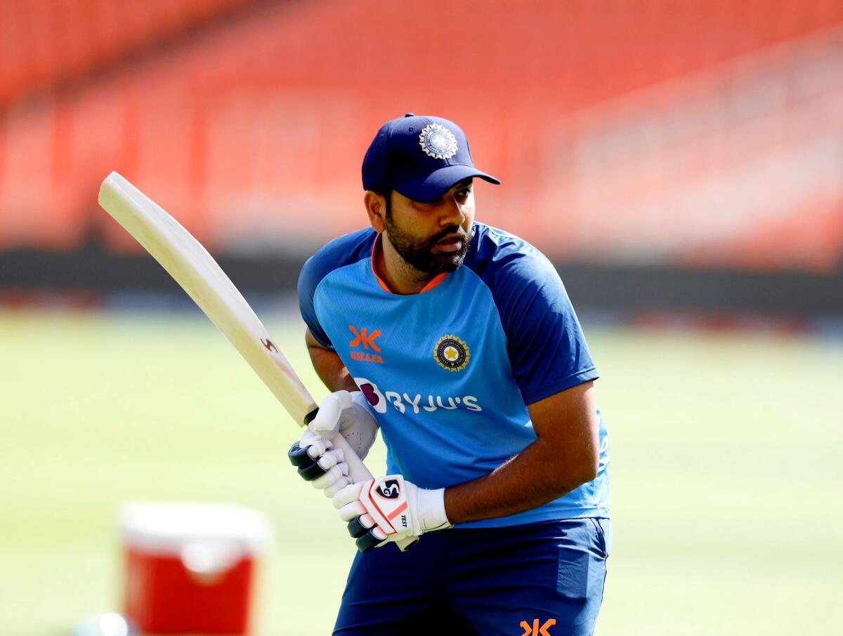 Indian captain Rohit Sharma bats during a practice session at Narendra Modi Stadium in Ahmedabad on Wednesday. — PTI