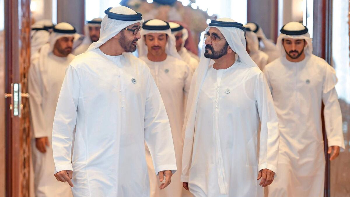 RIGHT TO LEFT: His Highness Sheikh Mohammed bin Rashid Al Maktoum, Vice-President and Prime Minister of the UAE and Ruler of Dubai, with His Highness Sheikh Mohamed bin Zayed Al Nahyan, Crown Prince of Abu Dhabi and Deputy Supreme Commander of the UAE Armed Forces, at Za’abeel Palace, Dubai.