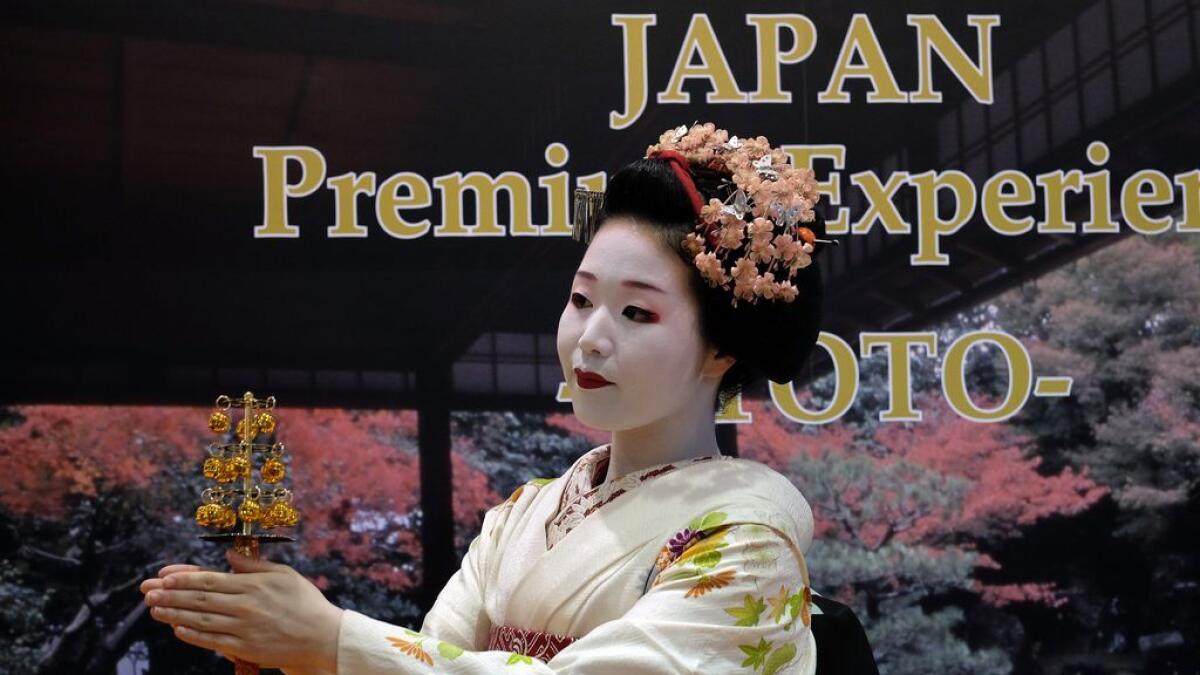 A traditional dance being performed at the Japan pavilion during Arabian Travel Market 2016 at the Dubai World Trade Centre on Tuesday.