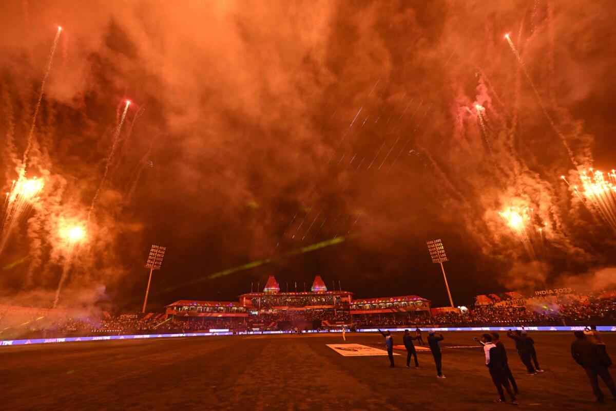 Fireworks are seen at the end of the 2023 ICC Men's Cricket World Cup one-day international (ODI) match between Australia and New Zealand, on October 28, 2023. Photo: AFP