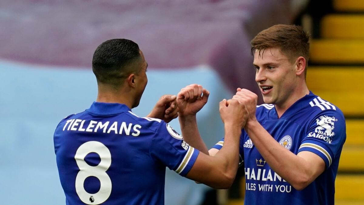 Leicester's Harvey Barnes and Youri Tielemans celebrate a goal against Aston Villa. — AP
