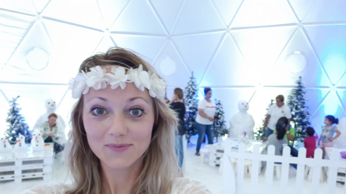 Our presenter Crystal keeping cool in the Snow Dome