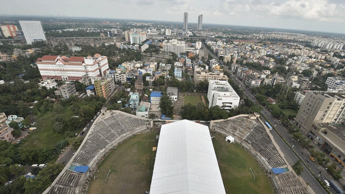 An aerial view of makeshift tent installed at Geetanjali Stadium, converted into a Covid-19 care centre for patients showing mild symptoms, during Unlock 3.0, in Kolkata, West Bengal, India. Photo: PTI