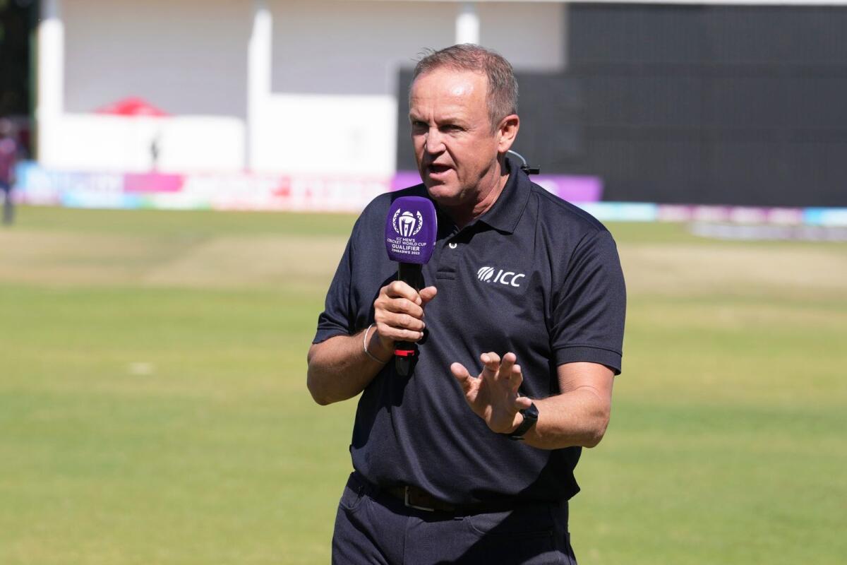 Andy Flower, former Zimbabwean cricket player is seen during a television broadcast at Harare Sports Club. - AP