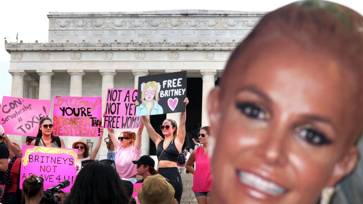 Supporters of pop star Britney Spears participate in a #FreeBritney rally in Washington, DC. The group is calling for an end to the conservatorship by the pop star's father. Photo: AFP