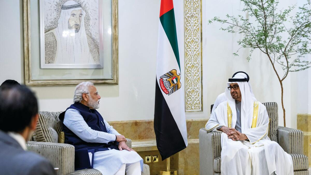 The President, His Highness Sheikh Mohamed bin Zayed Al Nahyan with India Prime Minister Narendra Modi at Abu Dhabi in June 2022. — AFP