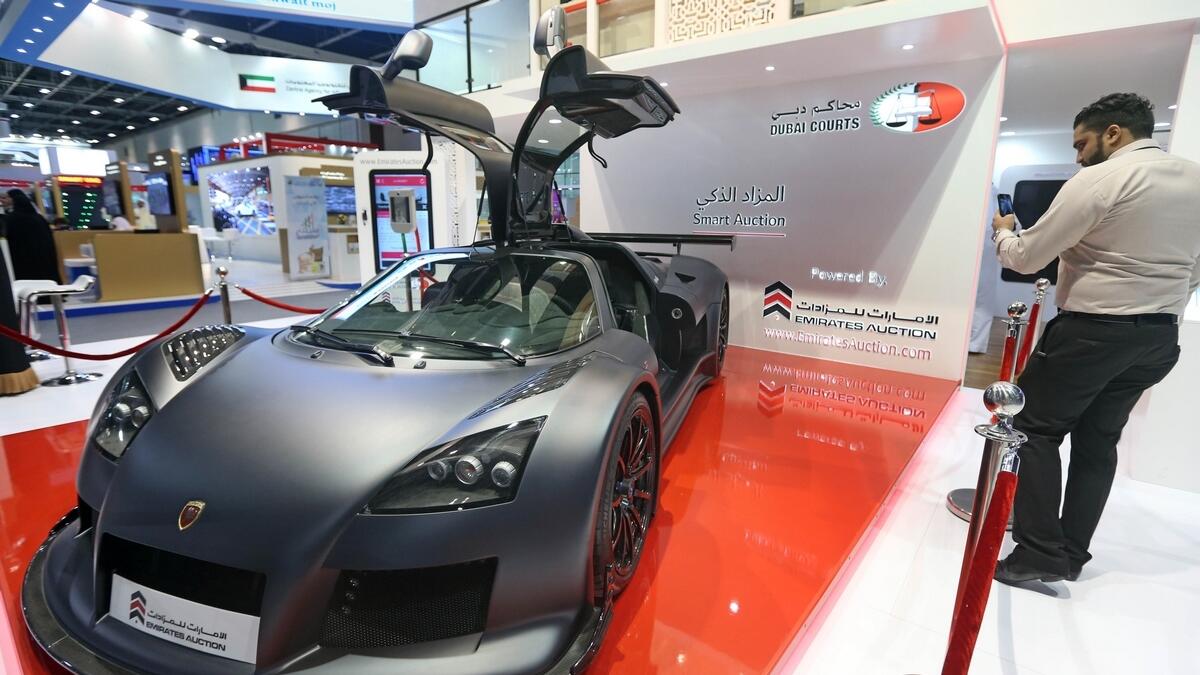 The matte black motor—model three of only 13 Gumpert Apollo S cars in the world—is on display at the Gitex Technology Week.-Photo by Dhes Handumon